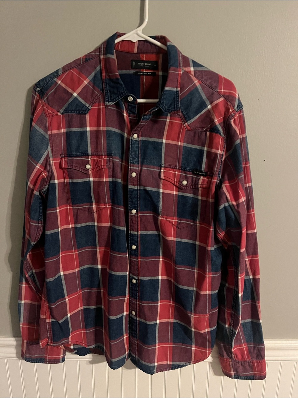 Lucky Brand Red and Navy Plaid Button-Down Shirt